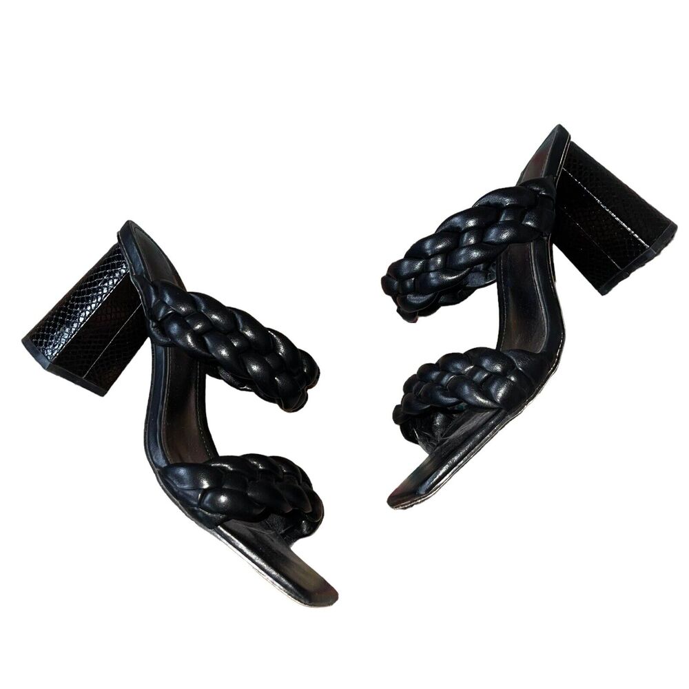 Black Faux Leather Sandals Braided Square Toe - Picture 2 of 9